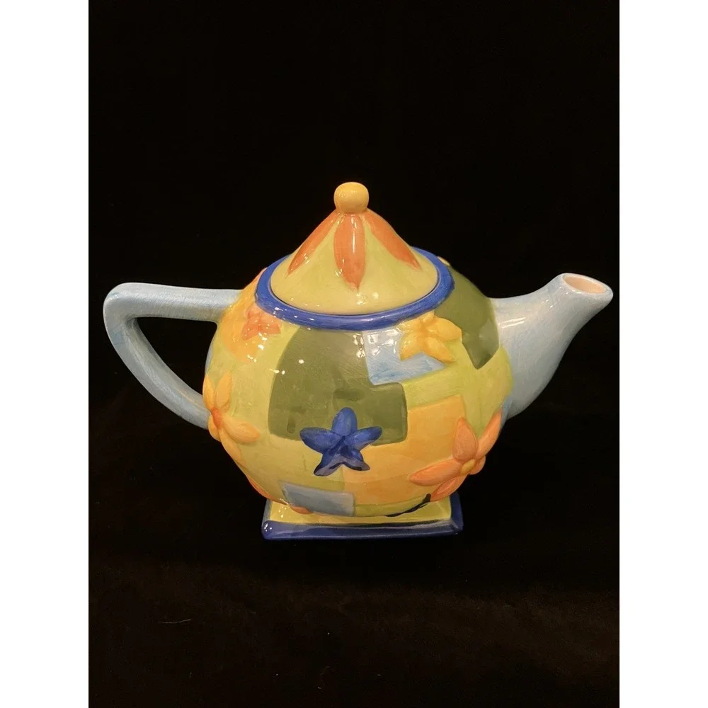 VTG Oneida China Hand Painted Country Style Blue Yellow Orange Floral Teapot
